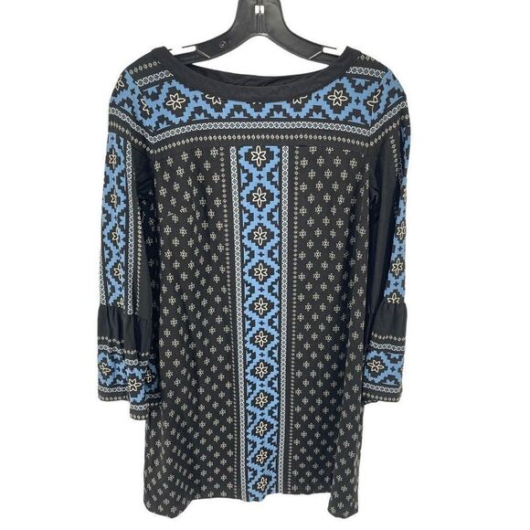 LOFT Womens Shift Dress Bell Sleeve Geometric Pattern Blue Black Small Petite - Picture 1 of 10